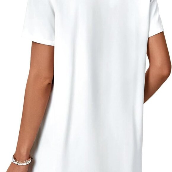 Women's Ruffle Collar V Neck Button Down Short Sleeve Mini Shift Dress - Picture 5 of 6